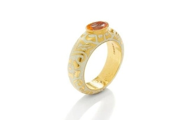A fire opal and enamel single-stone ring