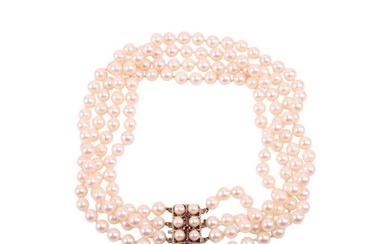 A four-strand pearl choker necklace, the cultured pearls of ...