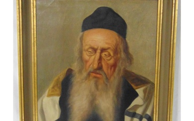A framed oil on canvas portrait of a Rabbi, indistinctly sig...