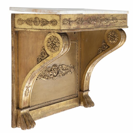 NOT SOLD. A gilded late empire console with later marble top. C. 1830. H. 70 cm. W. 78 cm. D. 38 cm. – Bruun Rasmussen Auctioneers of Fine Art