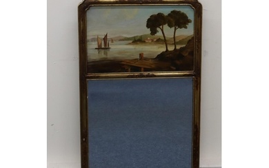 A gilt hanging bevelled wall mirror with painted panel depic...