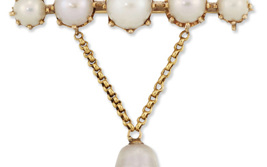 A gold pearl brooch, the claw-set graduated pearls and half-pearls,...