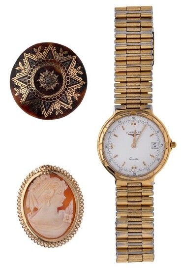 A group of items, comprising: a 9ct gold mounted cameo brooch, gross weight 6.4g; a 19th century tortoiseshell pique circular brooch; and a gold plated and stainless steel wristwatch, by Longines with case (3)