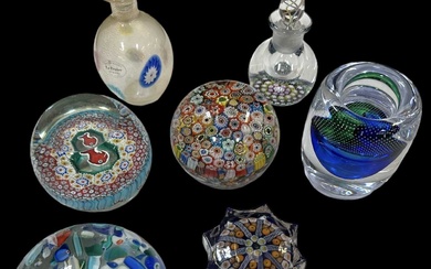 A group of three Murano glass paperweights, a Strathern paperweight,...