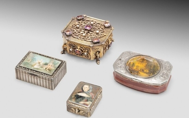 A group of three silver and silver-gilt boxes, and one silver-plated box, 19th century | Trois boîtes en argent et vermeil et une en métal argenté, XIXe siècle