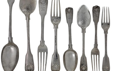 A harlequin part-set of thread and shell pattern flatware, various dates and makers, William IV and Victorian, comprising: 11 table spoons; 8 dessert spoons; 12 table forks; 11 dessert forks, all with matching crest to terminals, and a pair of...