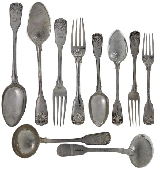 A harlequin part-set of thread and shell pattern flatware, various dates and makers, William IV and Victorian, comprising: 11 table spoons; 8 dessert spoons; 12 table forks; 11 dessert forks, all with matching crest to terminals, and a pair of...