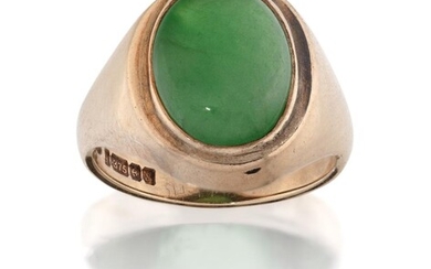 A jadeite jade ring, the single cabochon jade in gold collet mount, approximate dimensions of jade 13.8mm x 11.0mm x 5.7mm, approx. ring size R½ (VAT charged on hammer price) A verbal opinion from the Gemmological Certification Services, London...