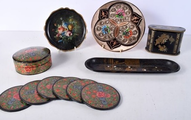 A japanese lacquered box together with Paper mache tray, box,Copper enamelled wall plaque largest 27