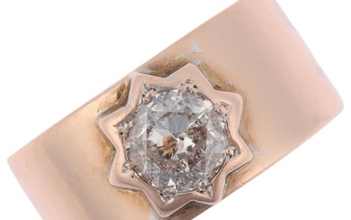 A large 9ct rose gold 1ct solitaire diamond band ring, star ...