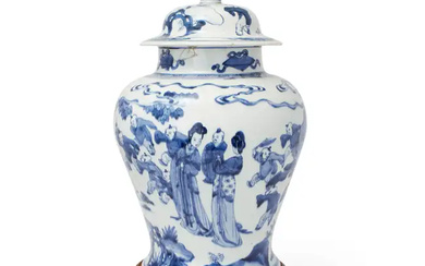 A large Chinese blue and white 'ladies and boys' jar and cover...
