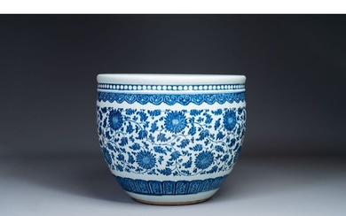 A large Chinese blue and white 'peony scroll' fish bowl, Qia...