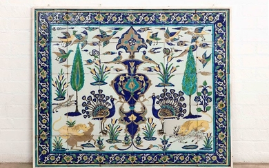 A large Persian painted earthenware tile panel