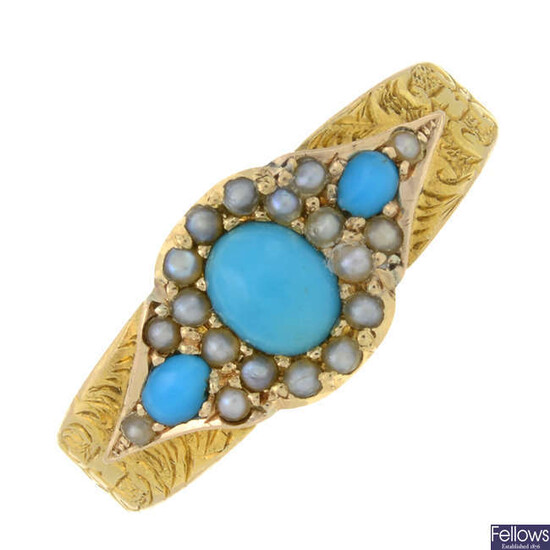 A late Victorian 18ct gold turquoise and split pearl dress ring.