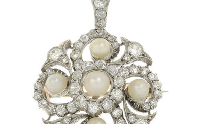 A late Victorian pearl and old-cut diamond pendant, with hair ornament and brooch fittings, in fitted case.