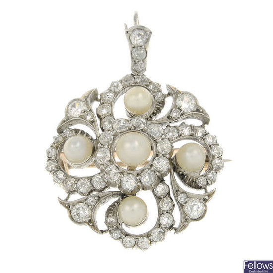 A late Victorian pearl and old-cut diamond pendant, with hair ornament and brooch fittings, in fitted case.