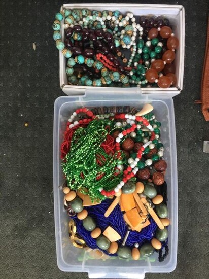 A lot of costume jewelry including hard stone necklaces with turquoise matrix malachite and amber