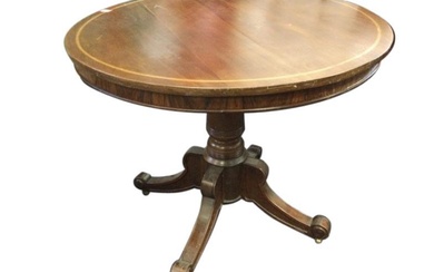 A mahogany drum table, the circular top inlaid with...