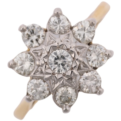 A mid-20th century 18ct gold diamond flowerhead cluster ring...