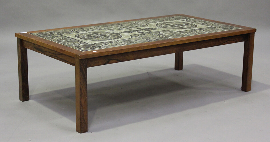 A mid-20th century Danish coffee table by 'Ox Art' for Trioh, the tiled top raised on bloc