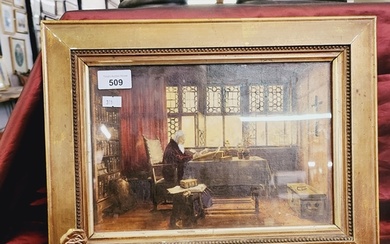 A nice old oil on board picture of an old man in library in ...