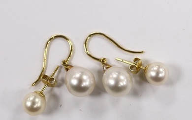 A pair of 18ct gold and cultured pearl and diamond chip set ...