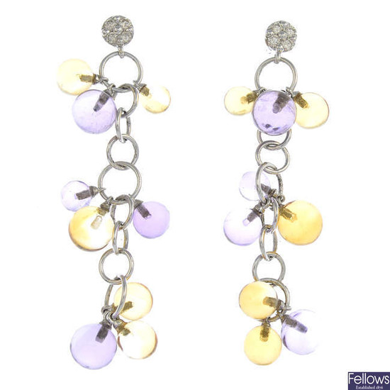 A pair of 18ct gold diamond, amethyst and citrine earrings.