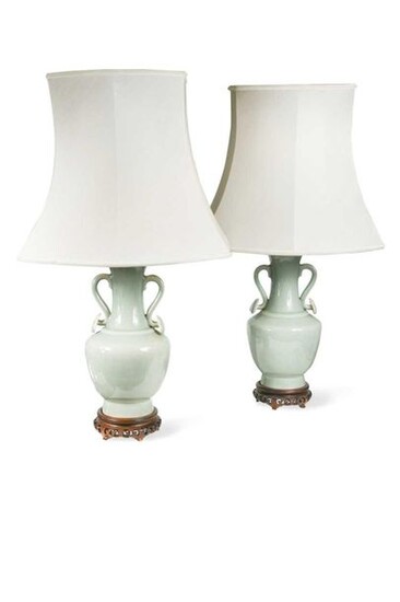 A pair of 20th century Chinese celadon glazed lamp…