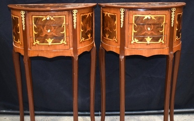 A pair of Baroque style inlaid half moon side 3 drawer table...