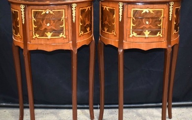 A pair of Baroque style inlaid half moon side 3 drawer tables 71 x 45 x 25cm (2)