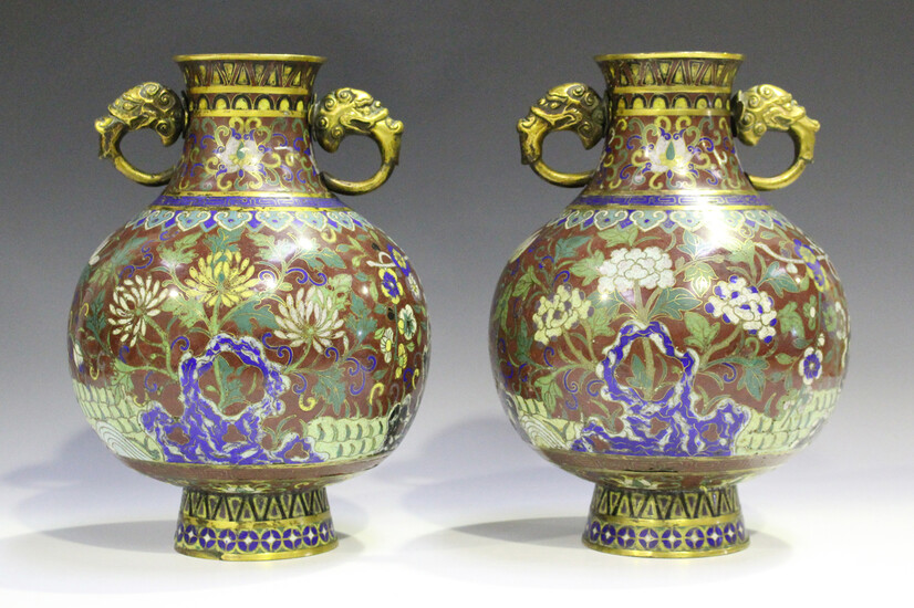 A pair of Chinese cloisonné vases, early 19th century, each globular body and short flared neck