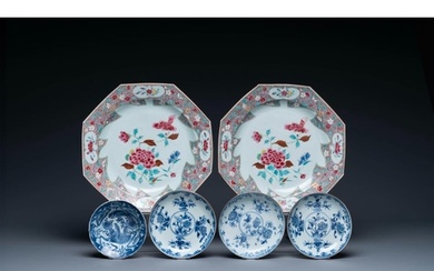 A pair of Chinese famille rose dishes, three blue and white ...
