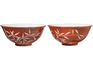 A pair of Chinese iron-red bamboo bowls with Xuantong mark, 1908 - 1912