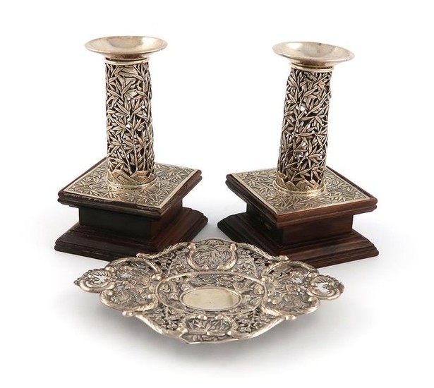 A pair of Chinese silver candlesticks, by Wang...