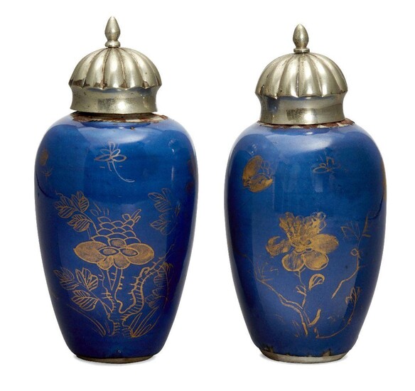A pair of Chinese small powder blue ground vases, Kangxi...