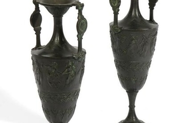A pair of Continental patinated bronze vases