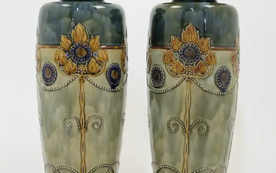 A pair of Doulton Lambeth stoneware vases, early 20th century, impressed lion...