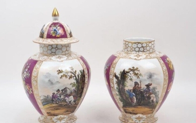 A pair of Dresden baluster jars and covers, 19th century, of purple ground with floral decoration and panels depicting pastoral scenes, blue underglaze Augustus Rex cipher to the underside, one lacking a cover, 24cm high excluding cover (2)