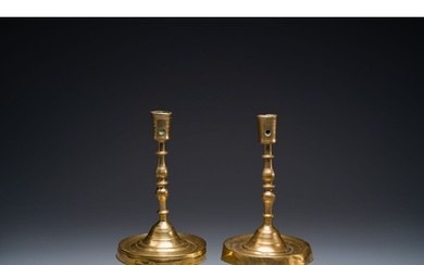 A pair of Flemish or Dutch knotted bronze candlesticks, 16th...