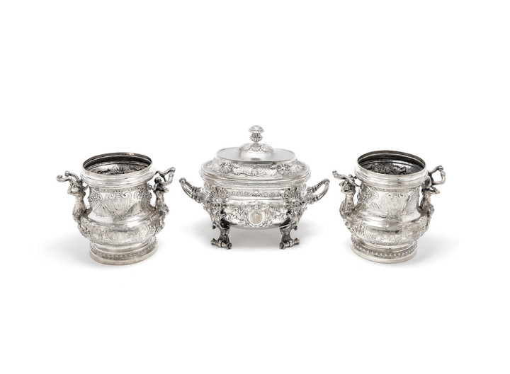 A pair of German silver wine coolers and a silver tureen and cover