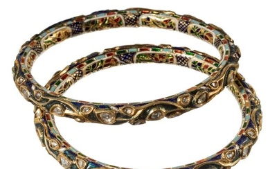 A pair of Indian gold bracelets with enamel and diamonds, circa 1900