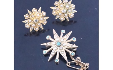 A pair of diamond and pearl set earrings and a turquoise and...