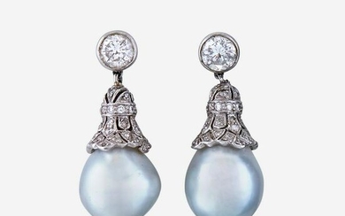 A pair of diamond, cultured pearl, and platinum