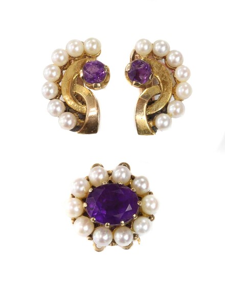 A pair of gold amethyst and cultured pearl clip earrings