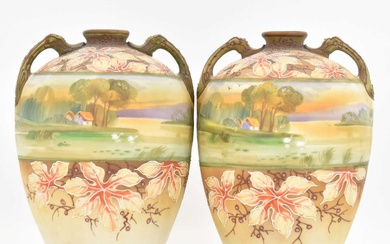 A pair of hand painted Japanese porcelain vases of ovoid...