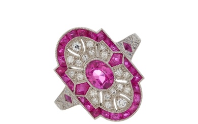 A platinum ruby and single-cut diamond openwork dress ring, ...