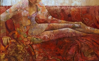 Un portrait de femme en rouge brûlé, huile sur toile, signé en bas à droite,...