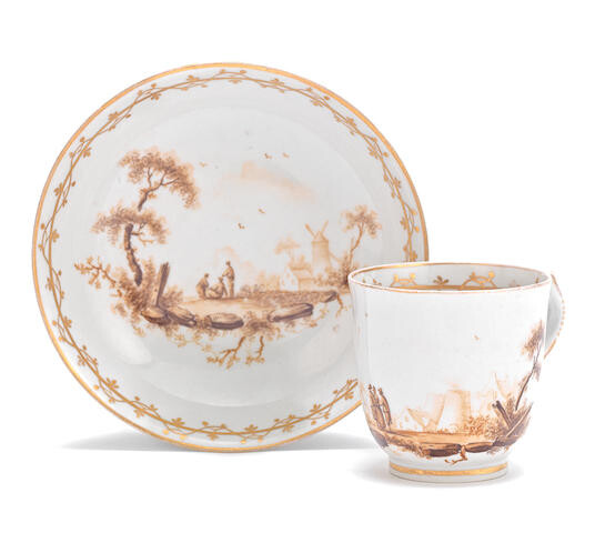 A rare New Hall coffee cup and saucer by Fidelle Duvivier, circa 1785-90