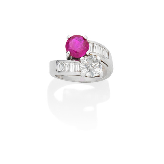 A ruby and diamond crossover ring