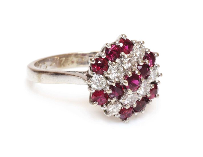 A ruby and diamond hexagonal cluster ring, c.1970